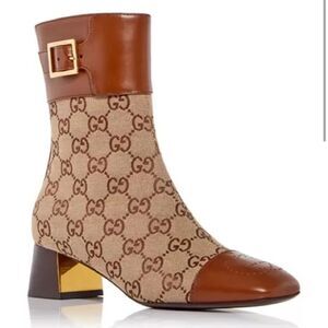 GUCCI Ellis GG Monogram Supreme Canvas & Leather Ankle Boots Brown